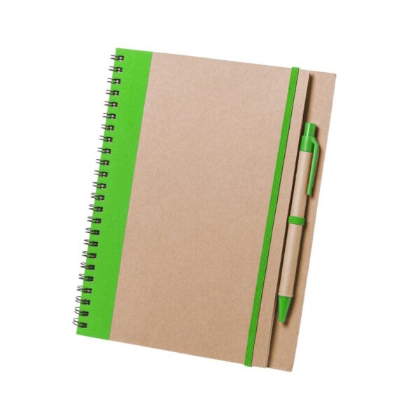 Bloc de notas verde con boli a juego