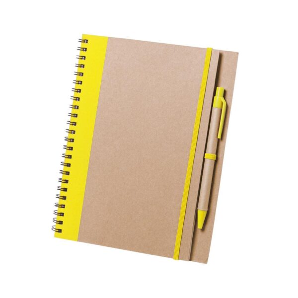 Cuaderno amarillo con bolígrafo a juego