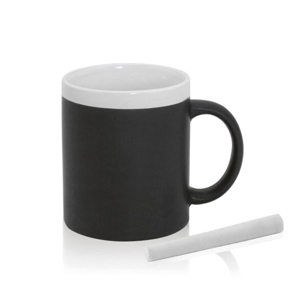 Taza de cerámica blanca con cuerpo pizarra y tiza a juego