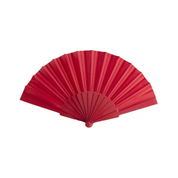 Abanico rojo de tela y varillas de plástico