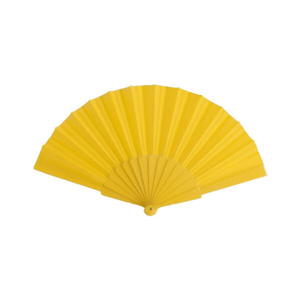 Abanico amarillo de tela y varillas de plástico