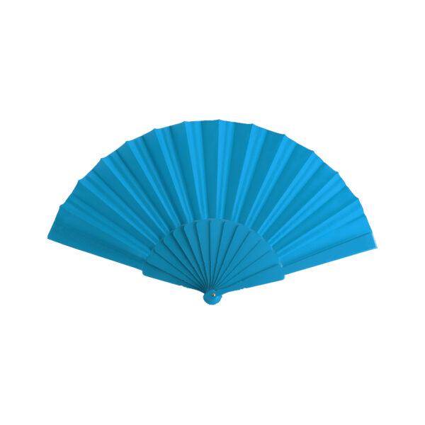 Abanico azul claro de tela y varillas de plástico personalizado
