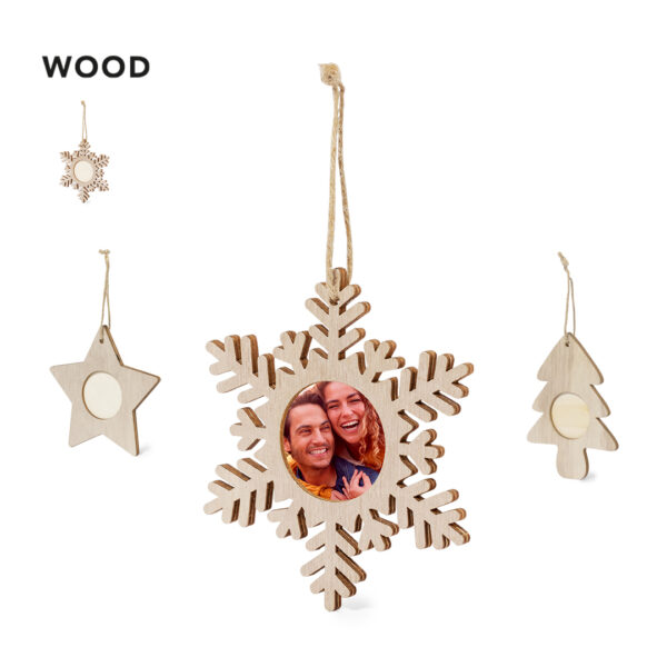 Adorno navideño de madera con portafotos
