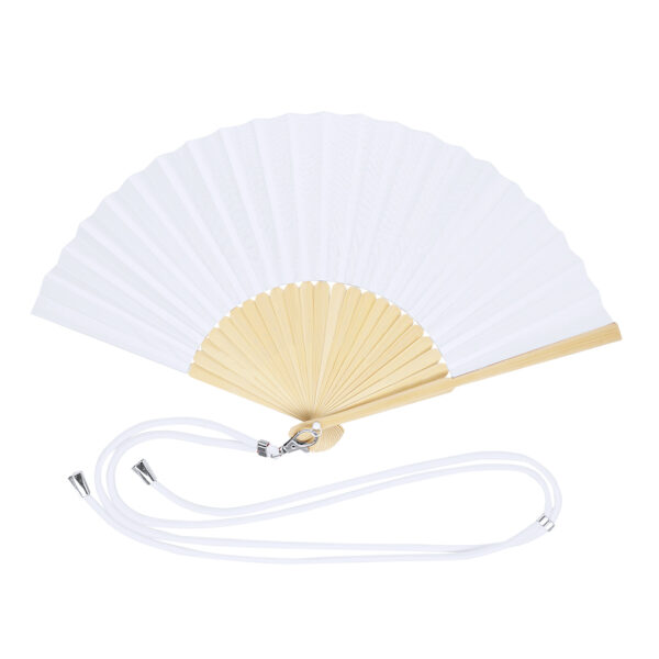 Abanico de bambú y poliéster blanco con cordón para colgar