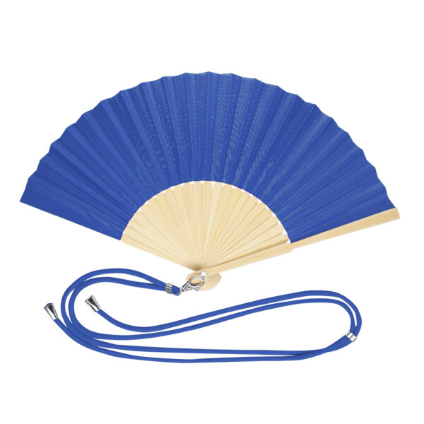 Abanico de bambú y poliéster azul con cordón para colgar