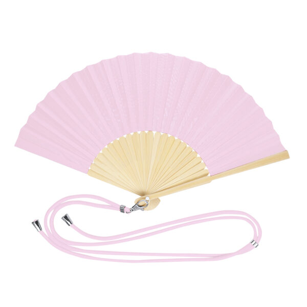 Abanico de bambú y poliéster rosa con cordón para colgar